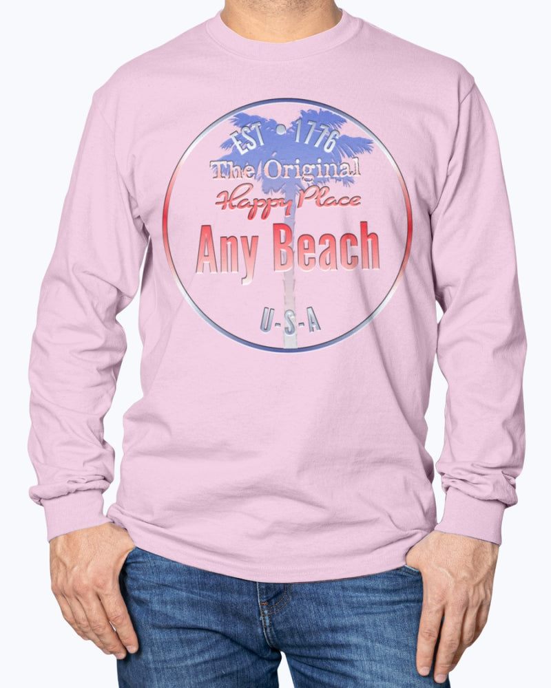 Patriotic Long Sleeve Cotton Any Beach USA Long Sleeve Tee July Fourth Pink