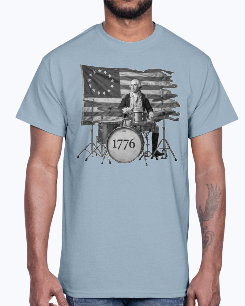 George Washington 1776 Black & White Pounding Skins Drumming T-Shirt