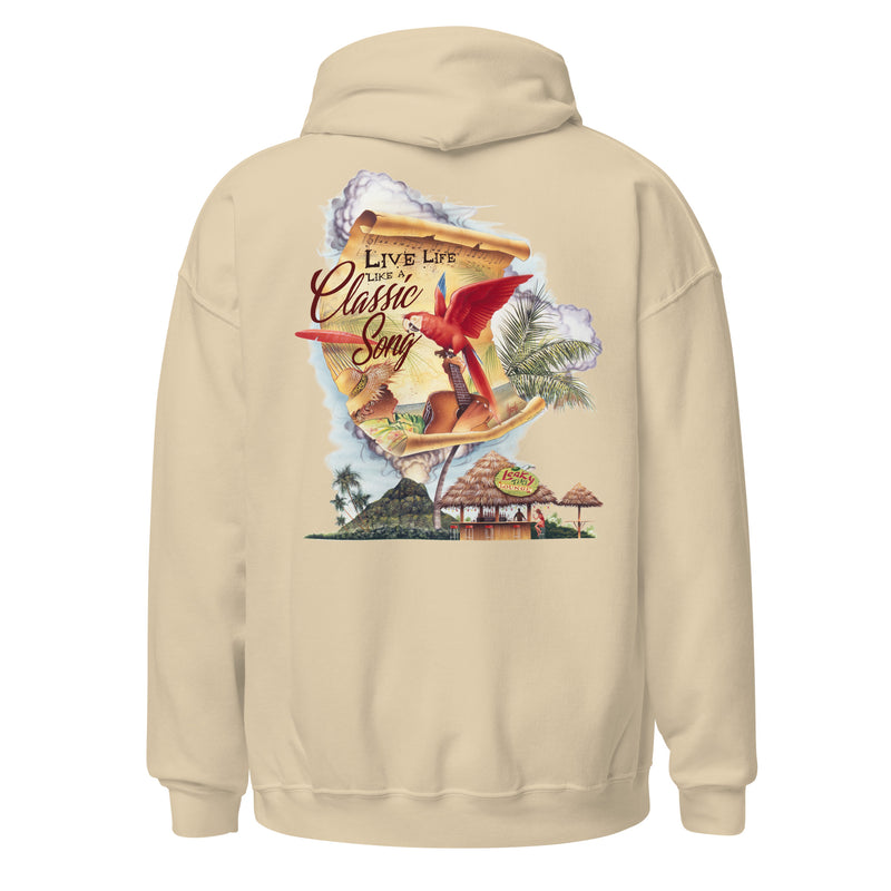 Unisex Beach Hoodie Live Life Like a Classic Song Jimmy Buffett Style volcano hoody tiki bar hammock parrot guitar