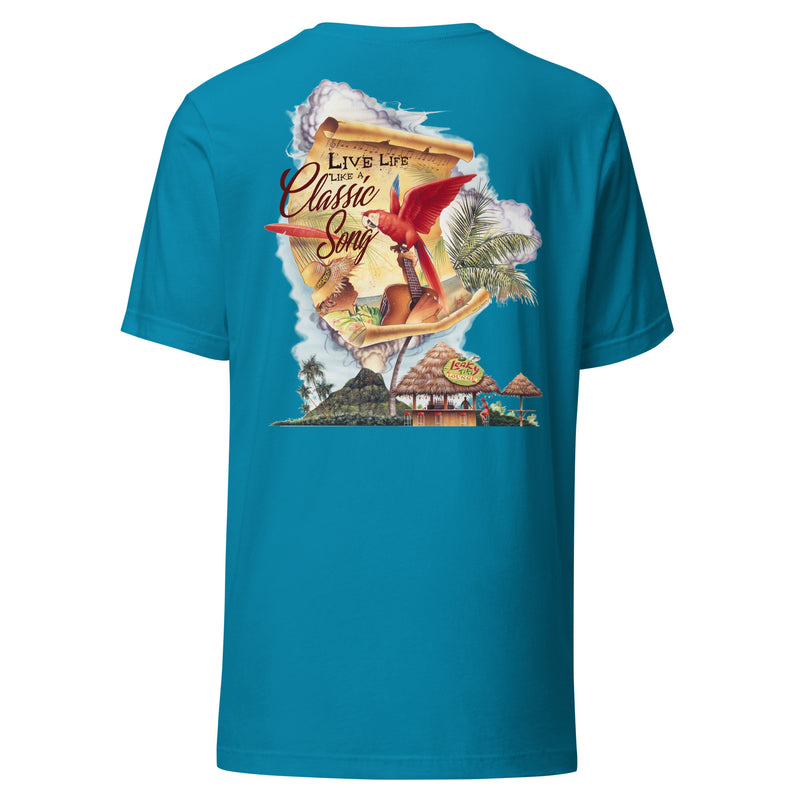 Unisex Mens Cut Live Life Like A Classic Song Beach Beach T-Shirt Back Print w/Logo