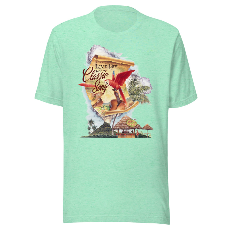 Unisex Lightweight Mens Cut Live Life Like A Classic Song Parrot Beach T-shirt Jimmy Buffett Parrot Macaw Beach Volcano Map tiki Hut