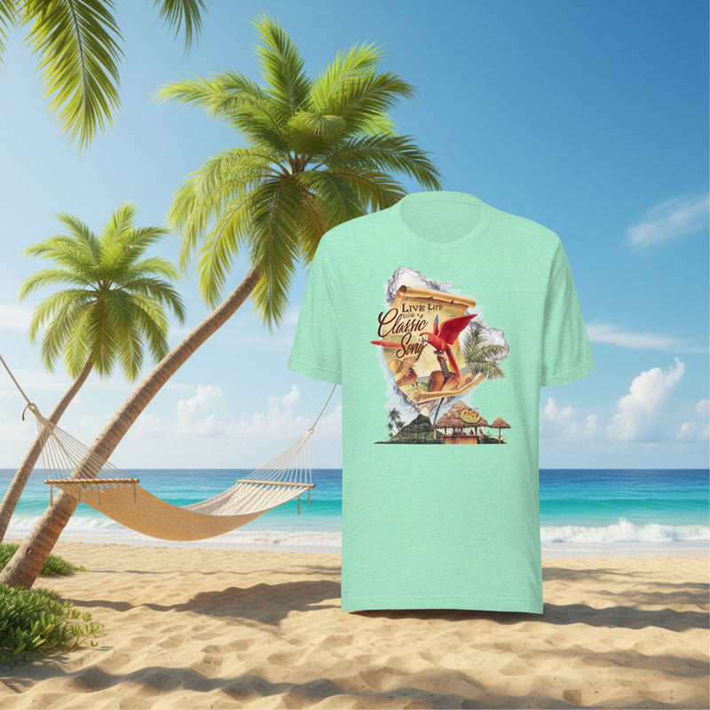 Unisex Lightweight Mens Cut Live Life Like A Classic Song Parrot Beach T-shirt Jimmy Buffett Parrot Macaw Beach Volcano Map tiki Hut