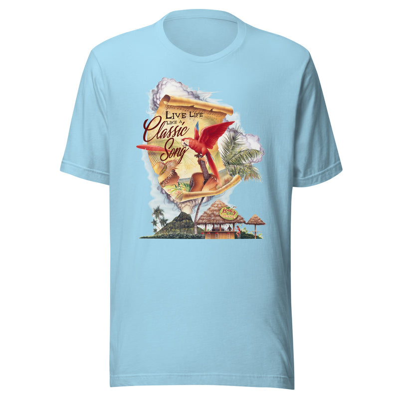 Unisex Lightweight Mens Cut Live Life Like A Classic Song Parrot Beach T-shirt Jimmy Buffett Parrot Macaw Beach Volcano Map tiki Hut