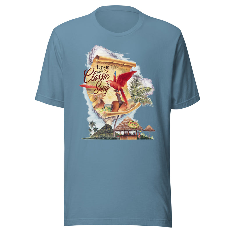 Unisex Lightweight Mens Cut Live Life Like A Classic Song Parrot Beach T-shirt Jimmy Buffett Parrot Macaw Beach Volcano Map tiki Hut
