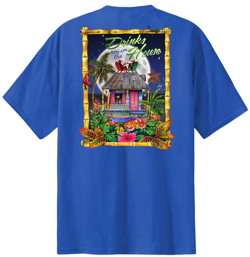 Men's Tropical Beach Hawaiian T-Shirts Happy Hour Drinks On The House