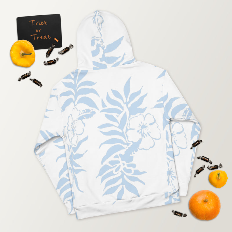 Floral Hibiscus Carolina Blue Fleece Hawaiian Pullover Beach Hoodie Tropical Island Gifts for Him and her