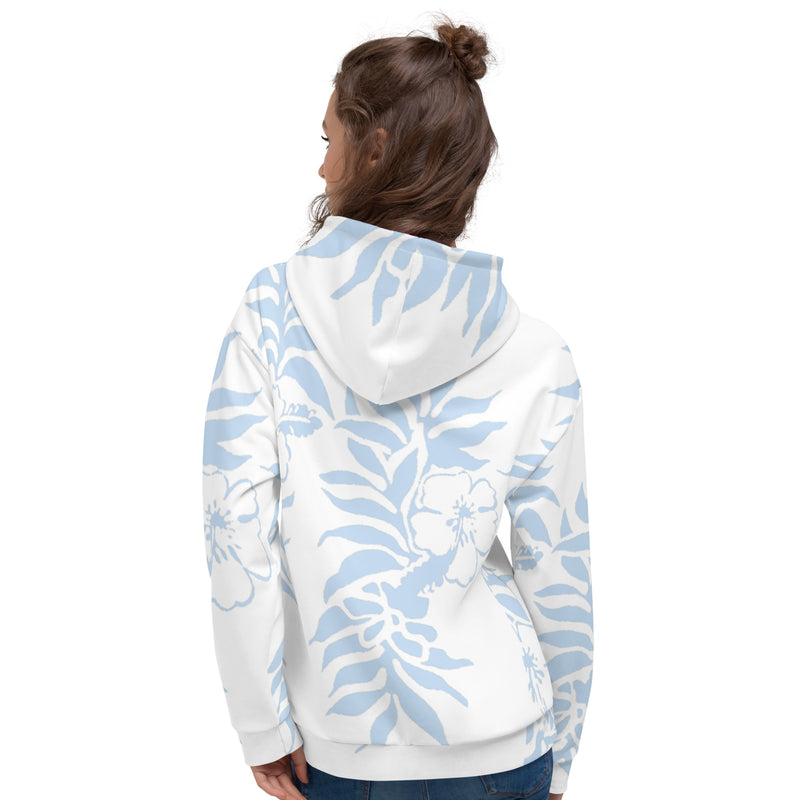 Floral Hibiscus Carolina Blue Fleece Hawaiian Pullover Beach Hoodie Tropical Island Gifts for Him and her