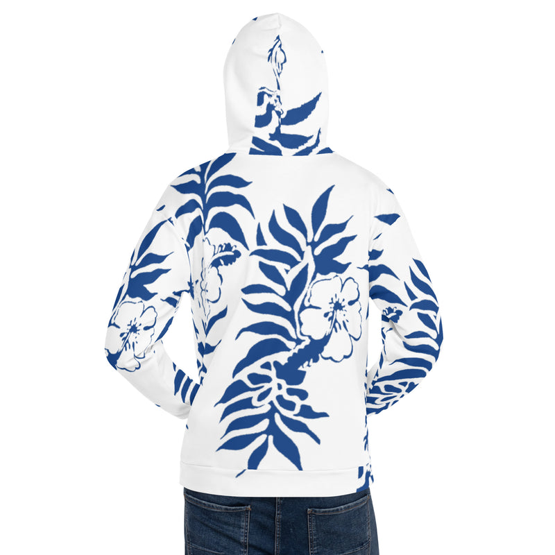 Unisex Dark Cerulean Blue Hibiscus Floral Hawaiian Printed Hoodie