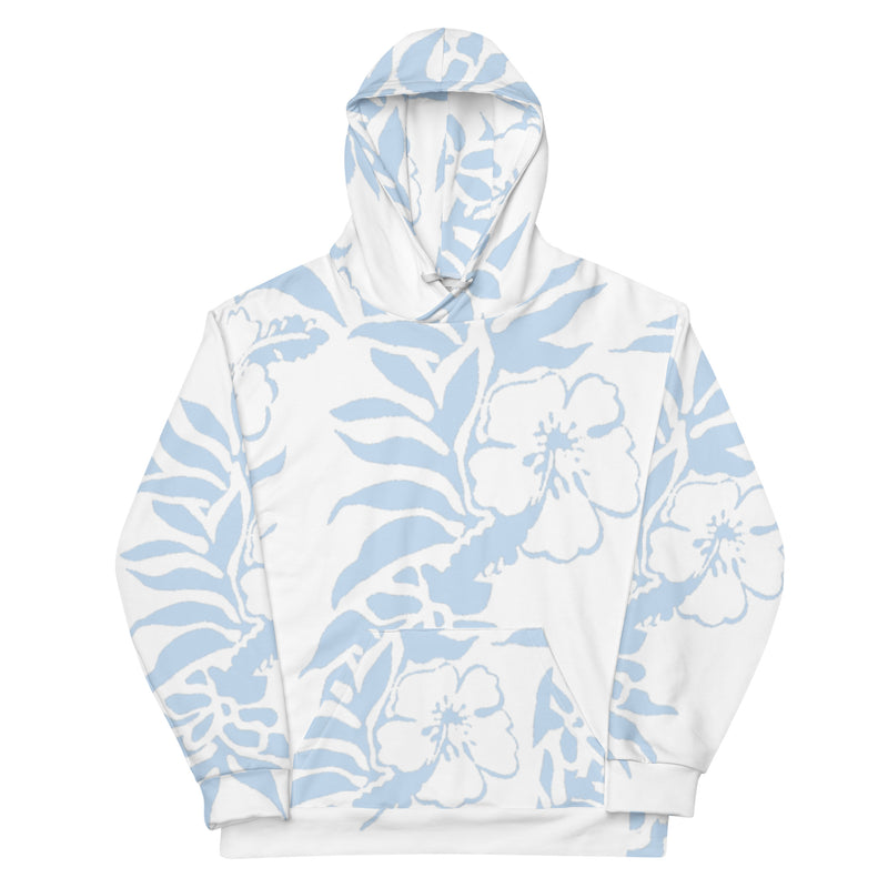 Floral Hibiscus Carolina Blue Fleece Hawaiian Pullover Beach Hoodie Tropical Island Gifts for Him and her