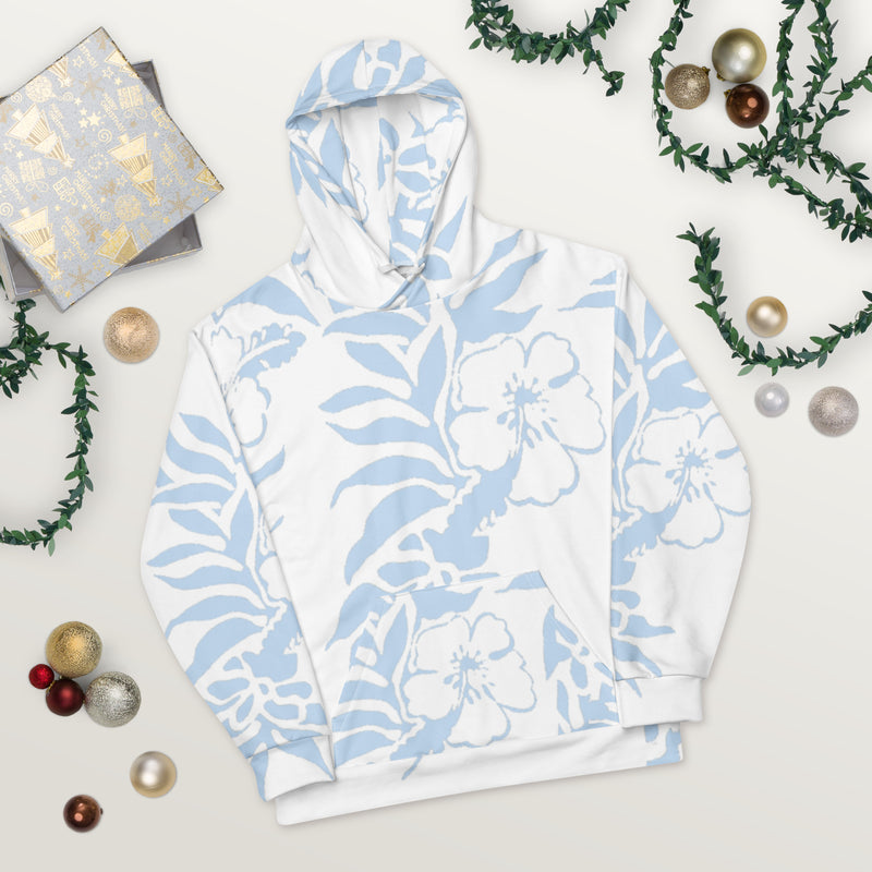 Floral Hibiscus Carolina Blue Fleece Hawaiian Pullover Beach Hoodie Tropical Island Gifts for Him and her