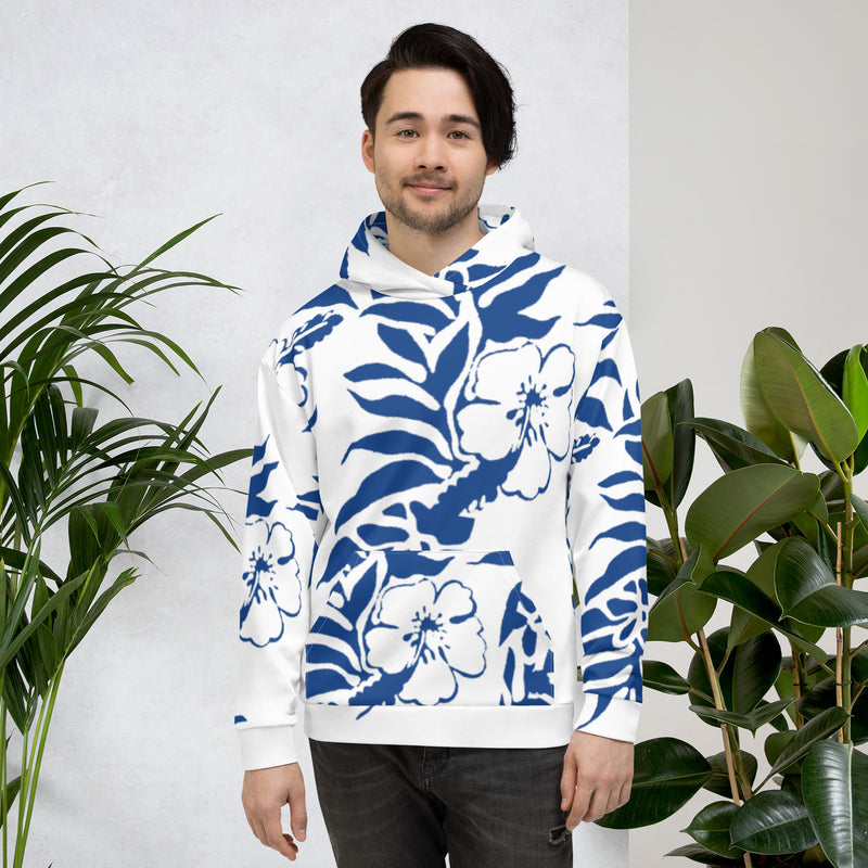 Unisex Dark Cerulean Blue Hibiscus Floral Hawaiian Printed Hoodie