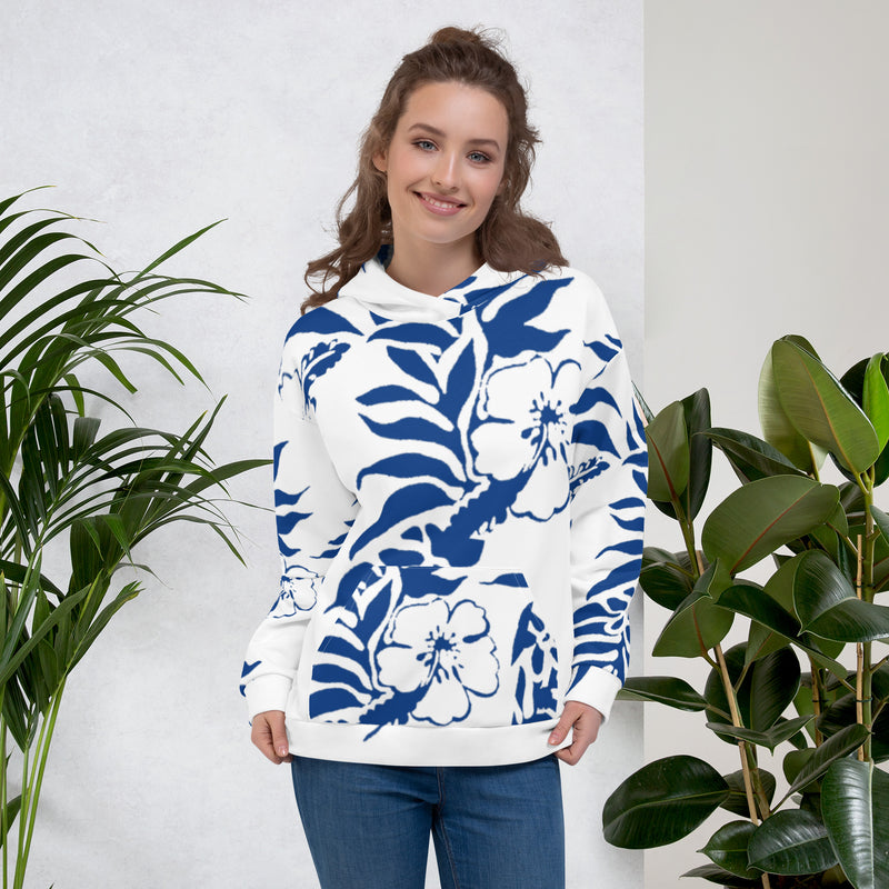 Unisex Dark Cerulean Blue Hibiscus Floral Hawaiian Printed Hoodie