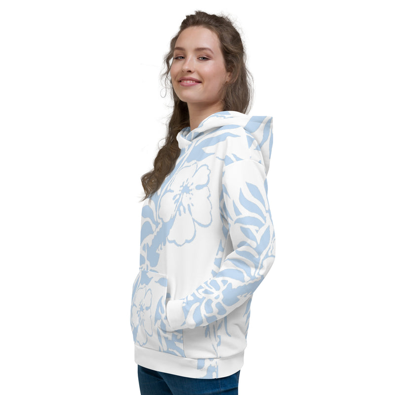 Floral Hibiscus Carolina Blue Fleece Hawaiian Pullover Hoodie