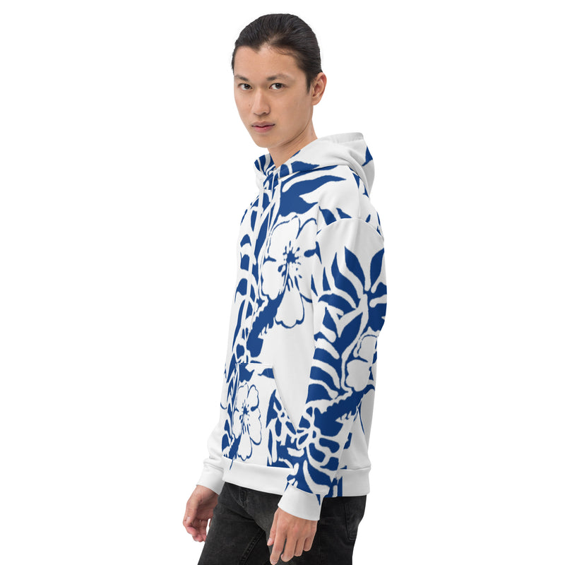Unisex Dark Cerulean Blue Hibiscus Floral Hawaiian Printed Hoodie