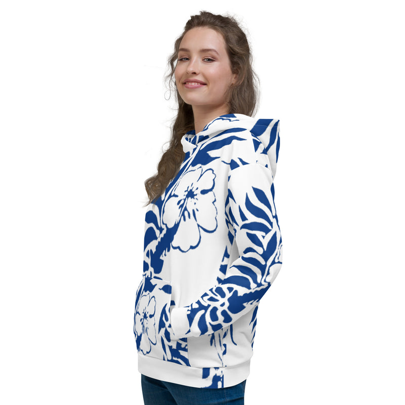 Unisex Dark Cerulean Blue Hibiscus Floral Hawaiian Printed Hoodie