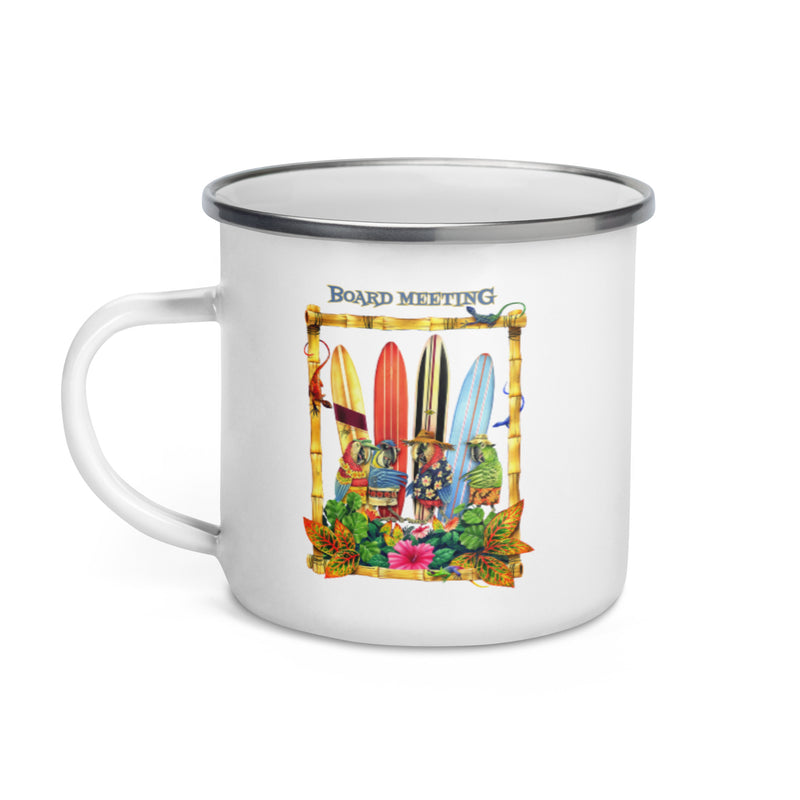 Exclusive Board Meeting Parrots Surfing Enamel Coffee Mug
