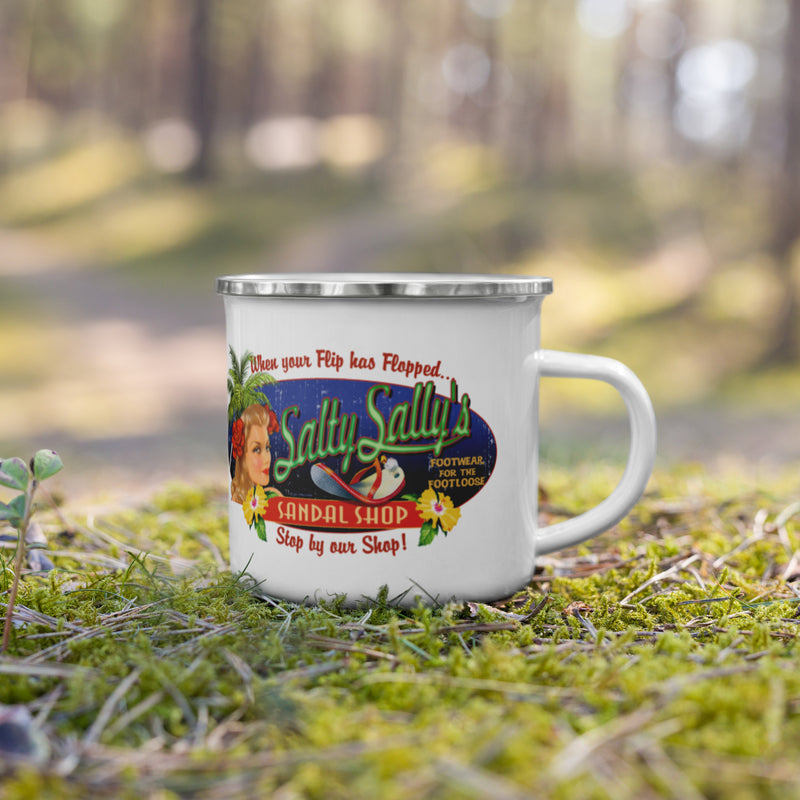 Salty Sally's Flip Flop Repair Shop Retro Style Enamel Coffee Mug