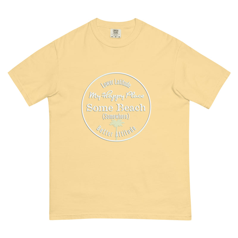 Men’s Premium SoftSpun Cotton T-Shirt Some Beach Somewhere Happy Place Yellow Jimmy Buffett Palm Tree The Beach is my Happy Place