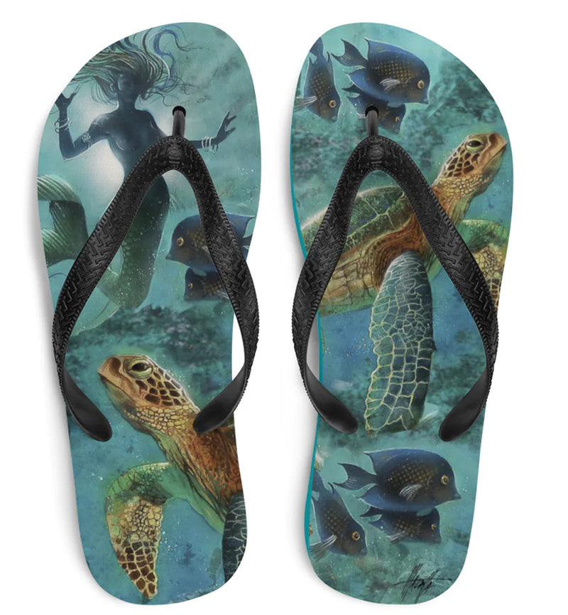 Exclusive Mermaid Sea Turtle Flip Flops Art by Jim Mazzotta Womens Beach Hair Don't Care