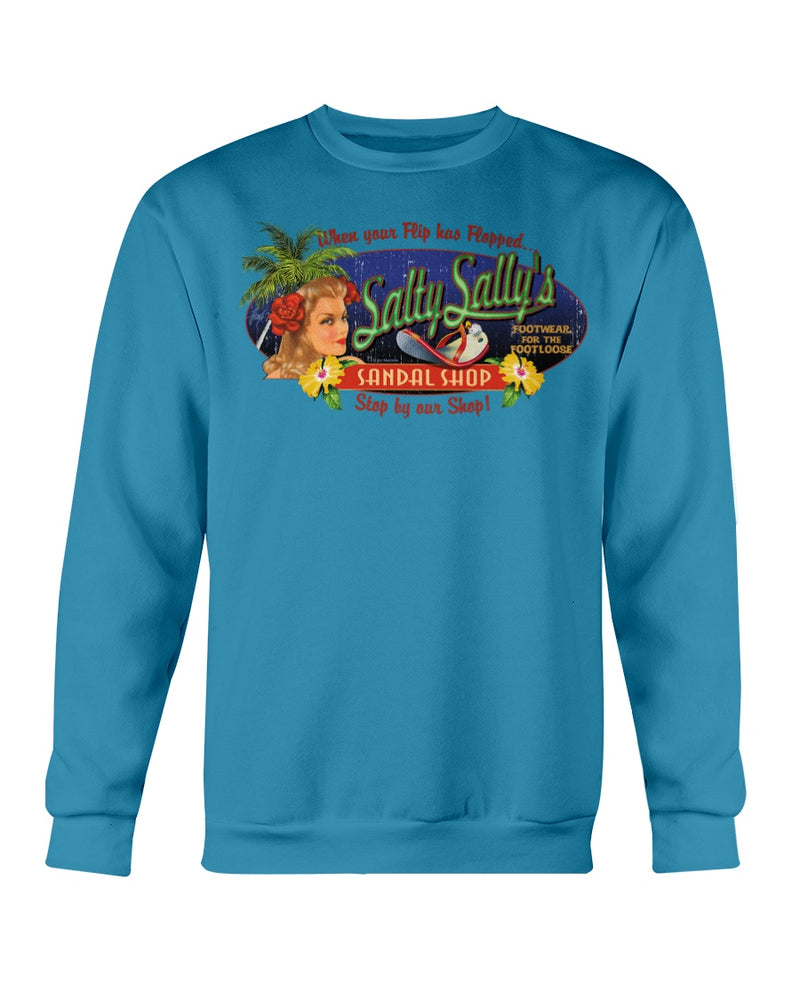 Unisex Salty Sally's Flip Flop Sandal Repair Shop Fleece Beach Sweatshirt Antique Sapphire Blue