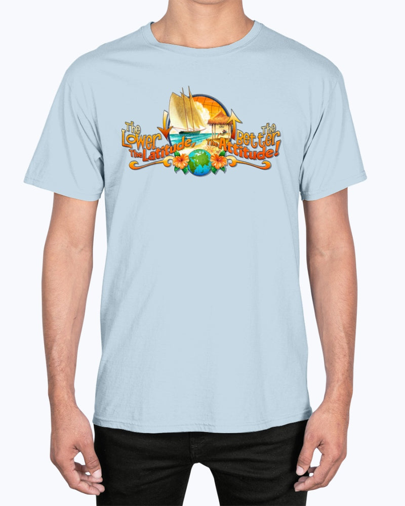 Men's Classic Premium Ringspun Cotton Lower Latitude Better Attitude T-Shirt Chambray Light Blue Jimmy Buffett