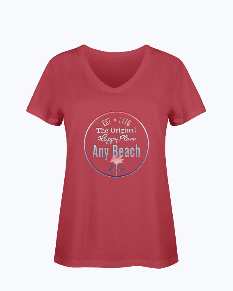 Women's SoftSpun Cotton V-Neck Tshirt Any Beach Is Happy Place USA Red