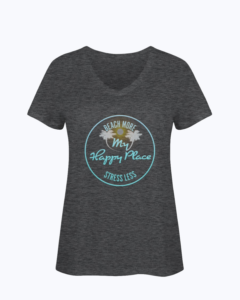 Ladies Beach More Stress Less Happy Place SoftSpun Cotton V-Neck T-Shirt Dark Heather Grey