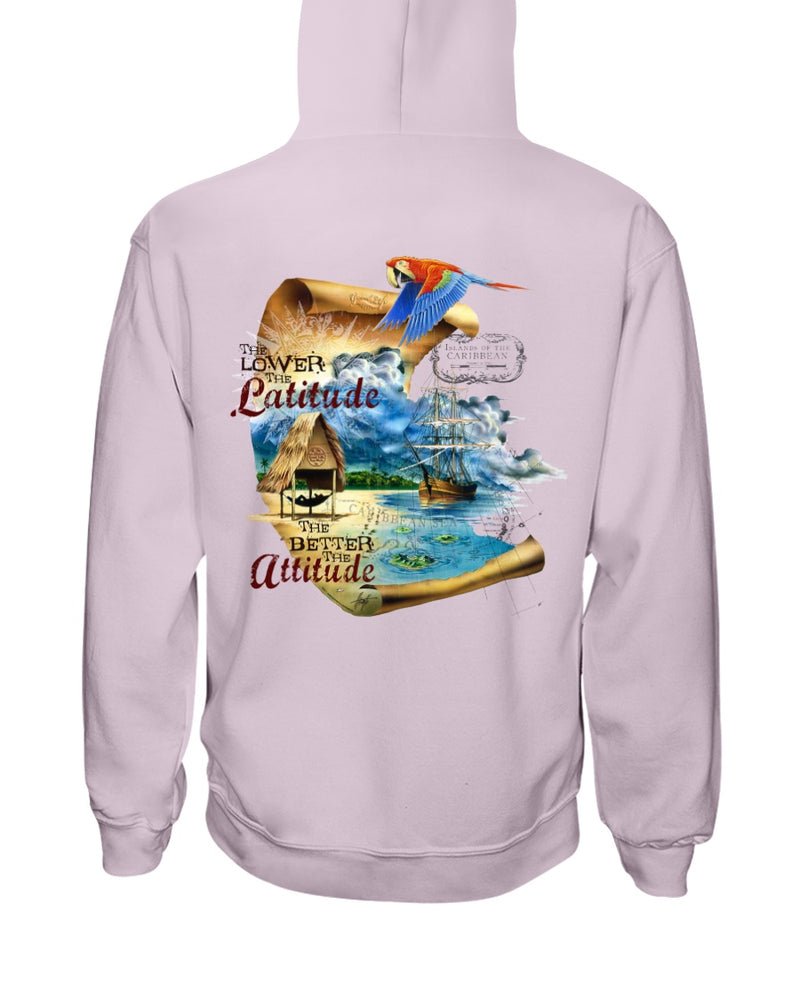 Men's Unisex Lower The Latitude Better The Attitude Fleece Hoodie Pullover Light Pink Caribbean Map Beach  Parrot