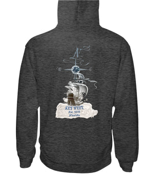 Mens Unisex Vintage Key West Florida Pirate Ship Fleece Hoodie Est 1828 Map Black Heather