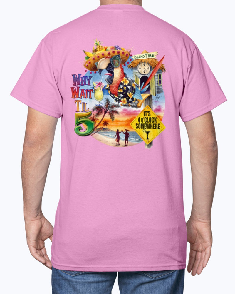 Why Wait Til 5 Macaw Cuckoo Clock Island Time Cotton T-shirt