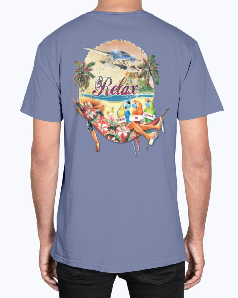 Relax Hammock Premium Social Distancing Funny Shirt Parrots with facemasks Beach Tshirt
