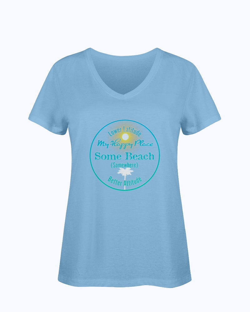 Women's SoftSpun Cotton V-Neck Tshirt Some Beach Somewhere Happy Place Ocean Blue