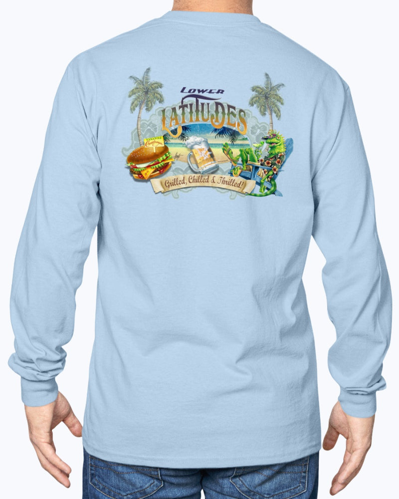 Long Sleeve Lower Latitudes Grill Chill Thrill Cheeseburger & Beer T-shirt Jimmy Buffett Shirts