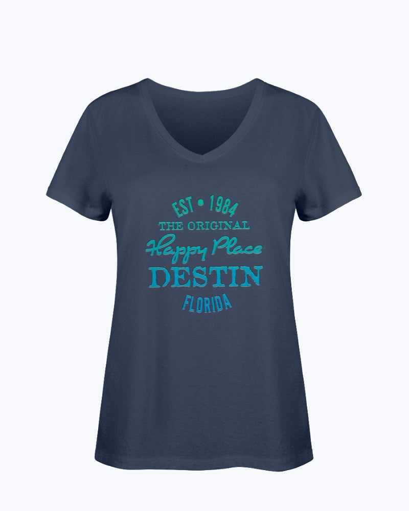 Ladies SoftSpun Cotton V-Neck T-Shirt Destin Florida Beach Est 1984 Navy Blue