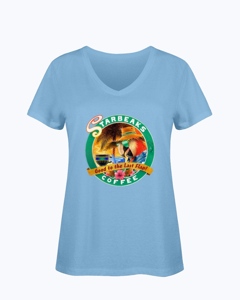 Ladies Soft Ringspun Cotton V-Neck T-Shirt Starbeaks Coffee Parrot Ocean Blue