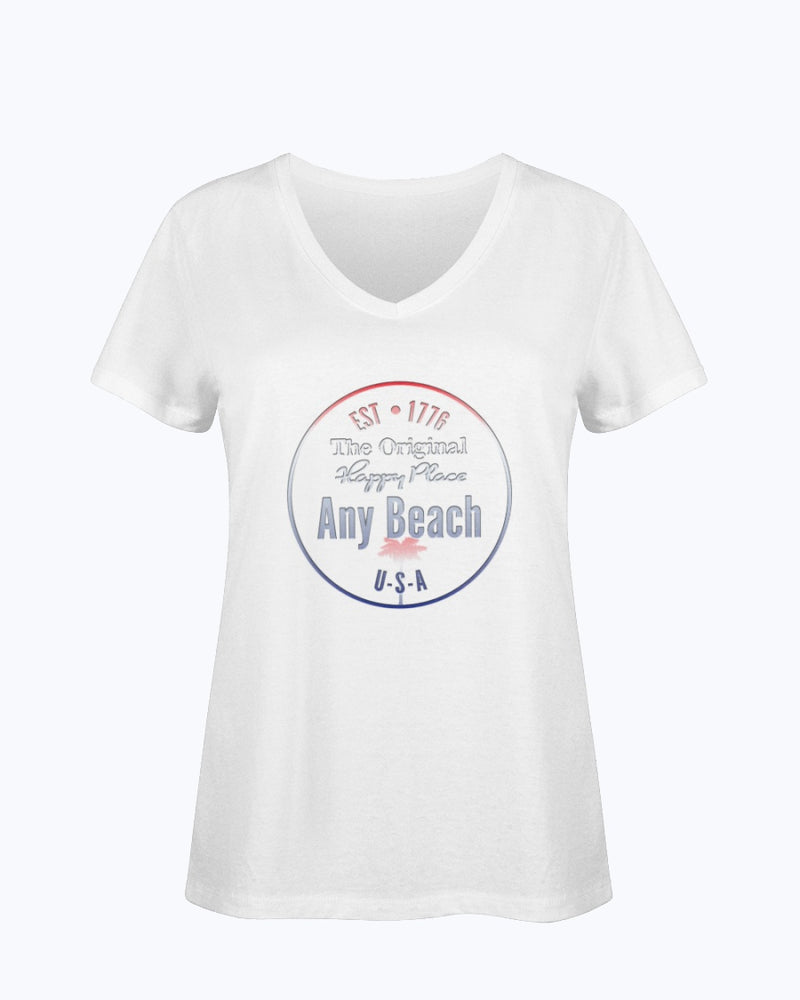 Women's SoftSpun Cotton V-Neck Tshirt Any Beach Is Happy Place USA White