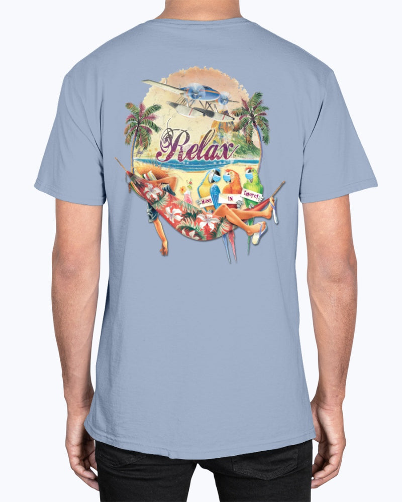 Relax Hammock Premium Social Distancing Funny Shirt Parrots with facemasks Beach Tshirt ice grey