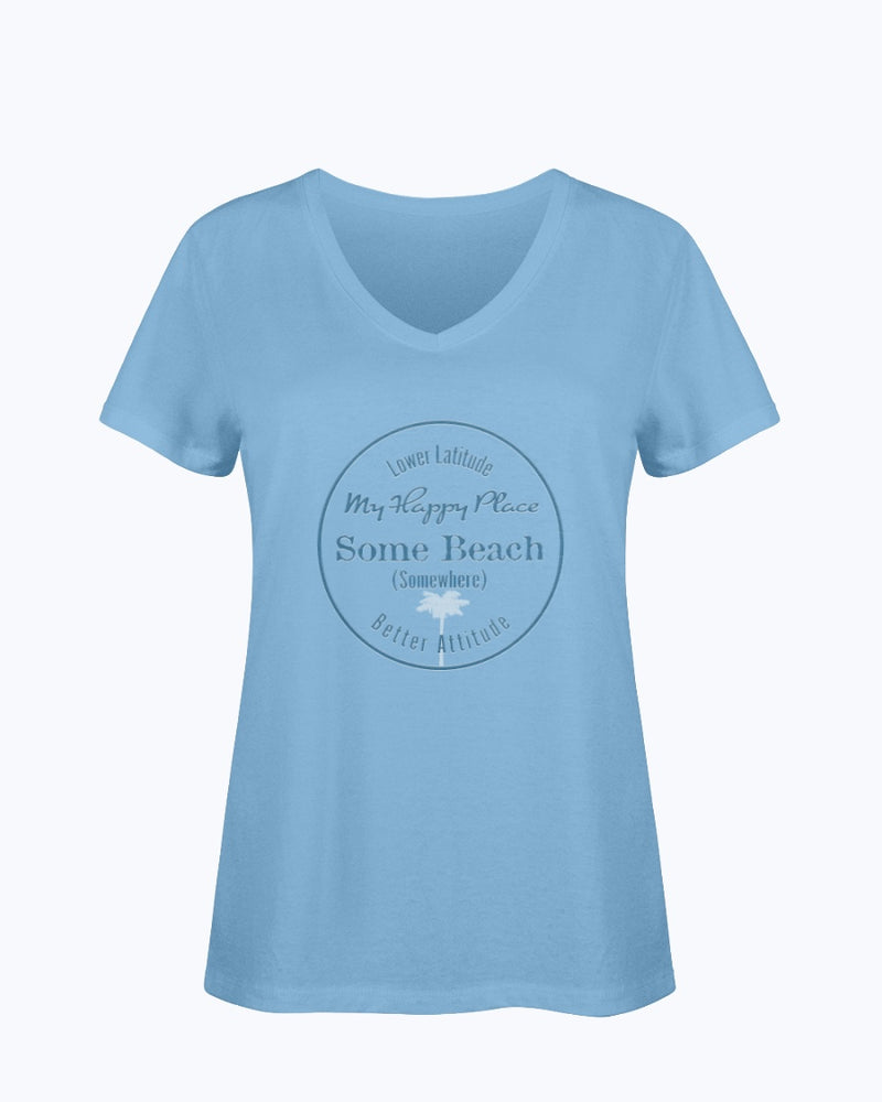 Women's Bella Good Life Some Beach is my Happy Place Vneck T-shirt ocean blue