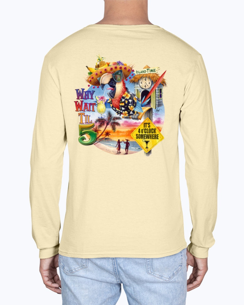 Why Wait Til 5 Macaw Cuckoo Clock Soft Washed 6.1 oz Cotton T-shirt - Back Print