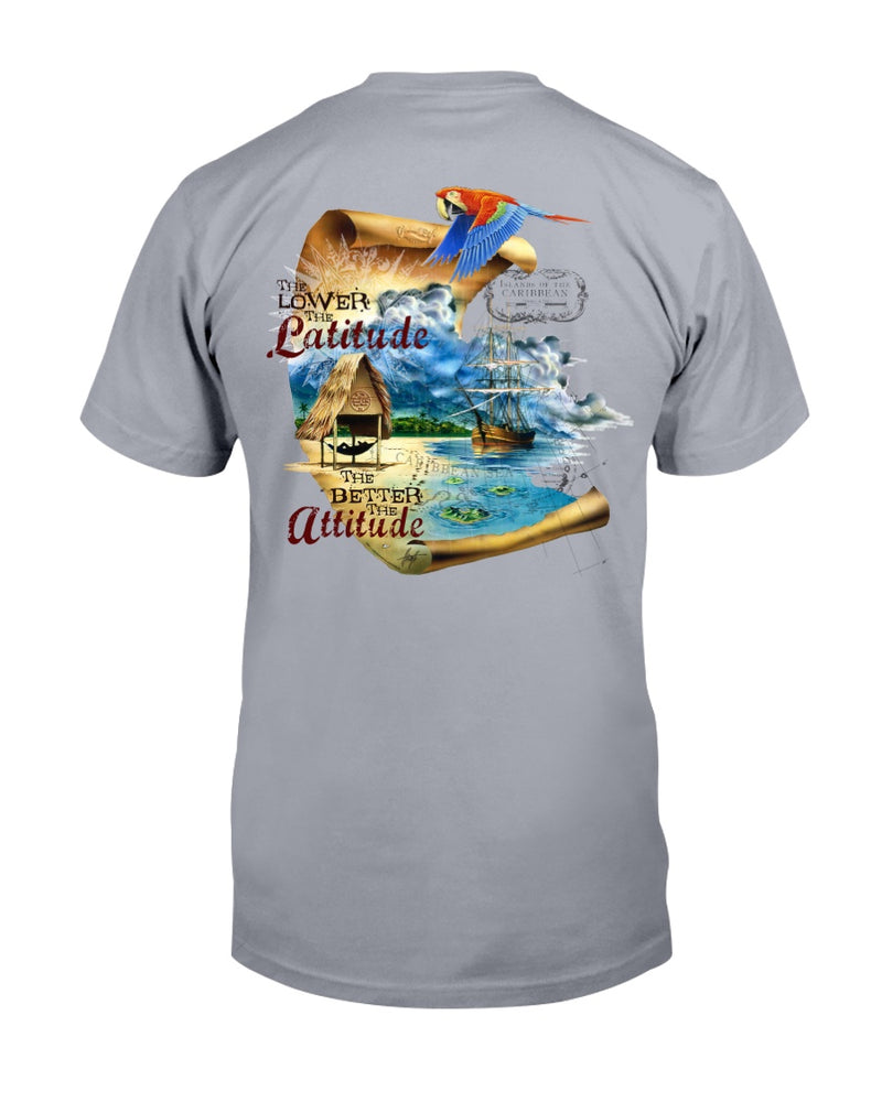 Men's Lower The Latitude Better The Attitude Caribbean T-Shirt w/Pirate Ship Chest Logo Sport Grey