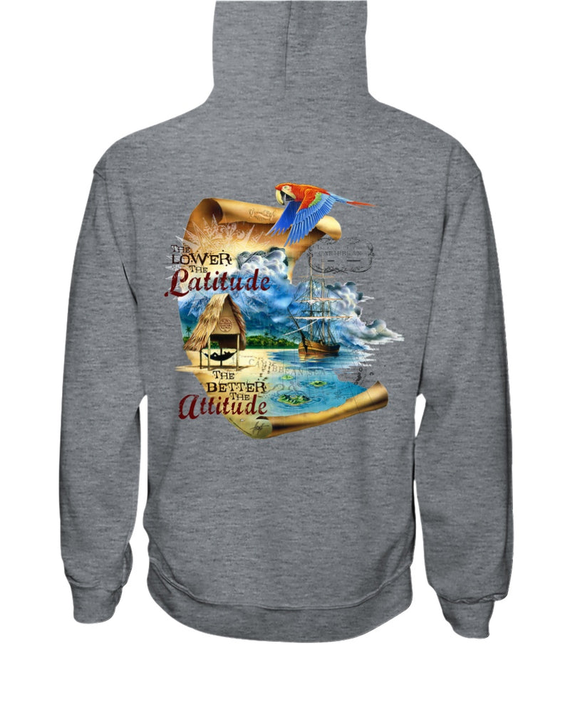 Men's Unisex Lower The Latitude Better The Attitude Fleece Hoodie Pullover Athletic Grey Caribbean Map Pirate Ship Beach