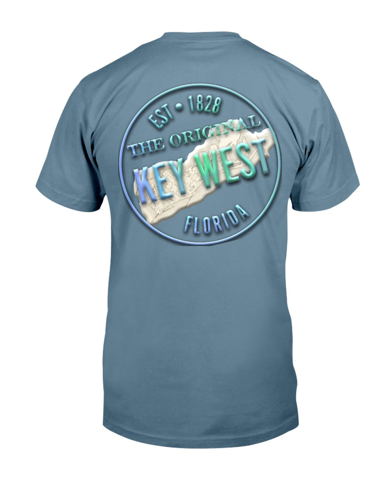 Crooked Key West Florida Premium Ringspun T-Shirt Back Print Vintage 1828 Map Indigo Blue