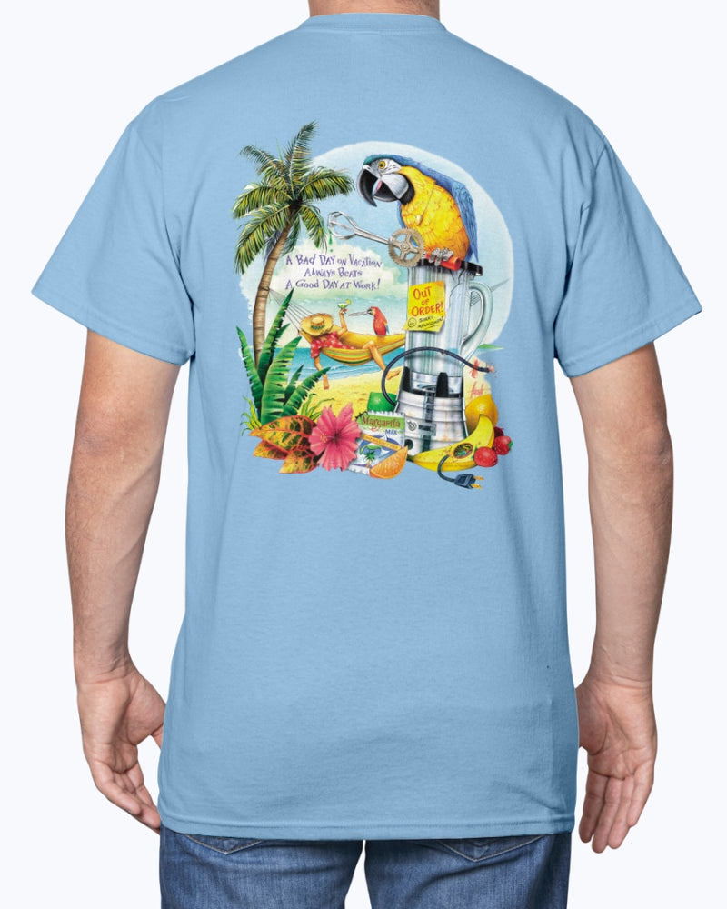 Mens Bad Day on Vacation Beats a Good Day at Work 6 oz Cotton Beach T-shirt Parrots Hammock Blender Palm Tree Light Blue