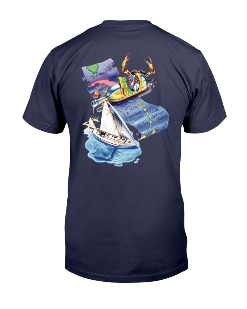 Shipwreck Rum Caribbean Map Sailing Pirate Ship Compass Logo T-Shirt Navy Blue