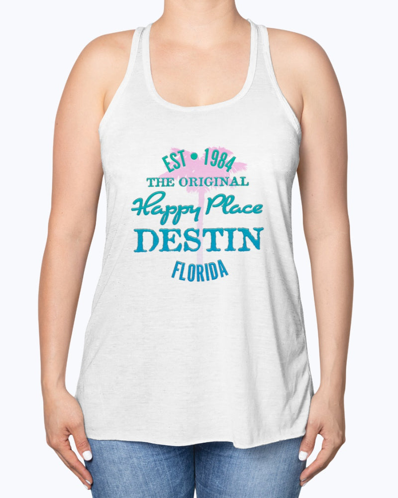 Womens Destin Florida Beach Is My Happy Place Tank Top Est 1984 Pink Palm Tree White