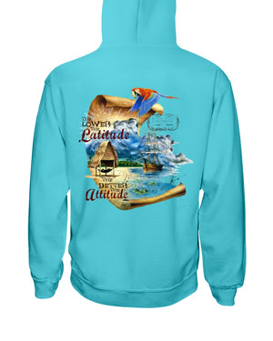 Men's Unisex Lower The Latitude Better The Attitude Fleece Hoodie Pullover Scuba Blue Pirate Ship Caribbean Map