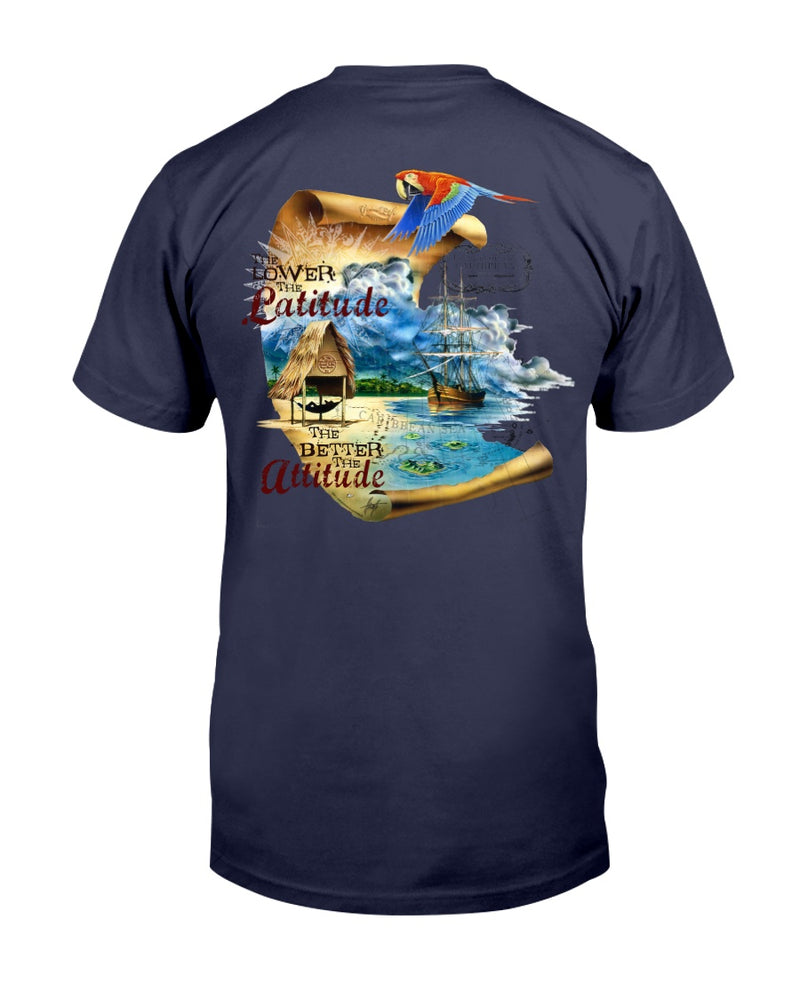 Men's Lower The Latitude Better The Attitude Caribbean T-Shirt w/Pirate Ship Chest Logo Navy Blue