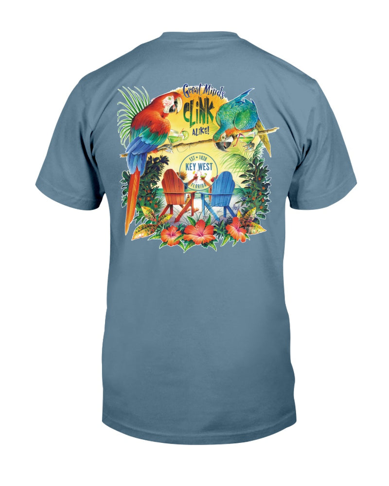 Men's Great minds clink alike in Key West Parrots T-Shirt Premium Garment Dyed Jimmy Buffett Stone Blue