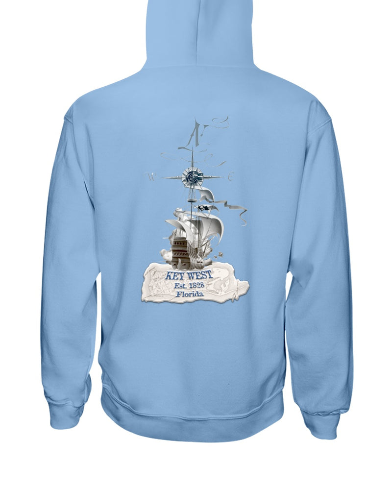 Mens Unisex Vintage Key West Florida Pirate Ship Fleece Hoodie Est 1828 Map Light Blue
