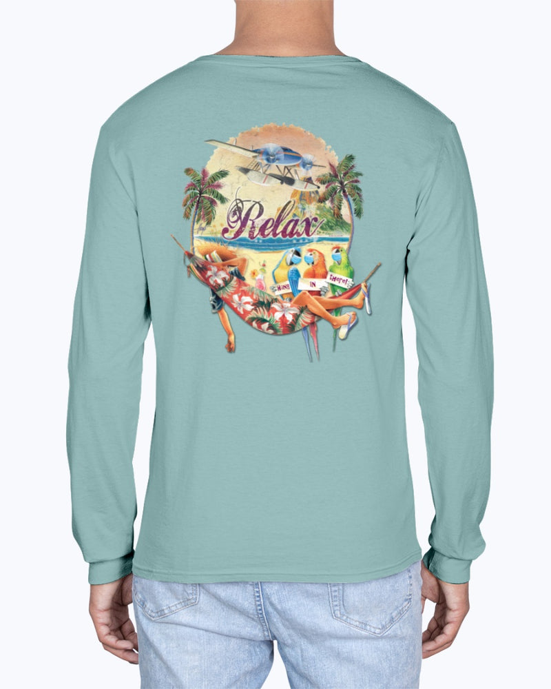 Social Distancing Relax Parrots Hang in There Soft Washed 6.1 oz Cotton T-shirt - Long Sleeve